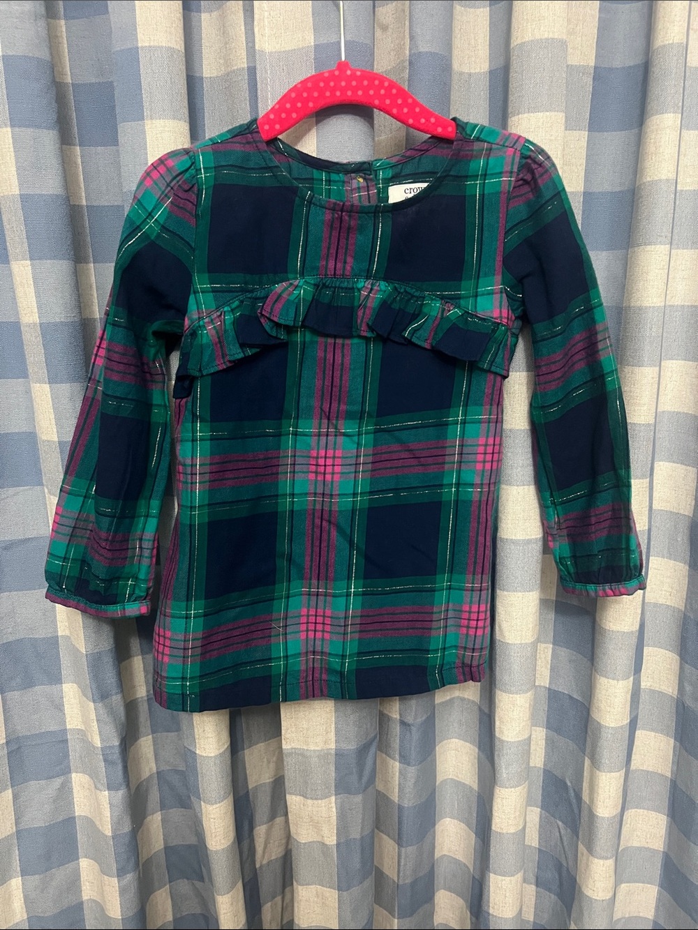 crown & ivy Navy, Green & Pink Plaid Ruffle Long-Sleeve Top